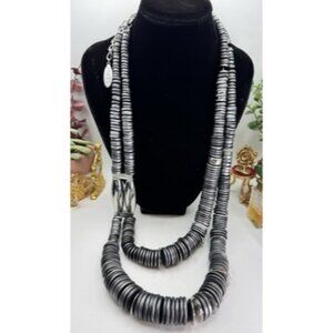 Chicos Chunky Metallic Gray SilverTone Disk Rhinestone Statement LayeredNecklace